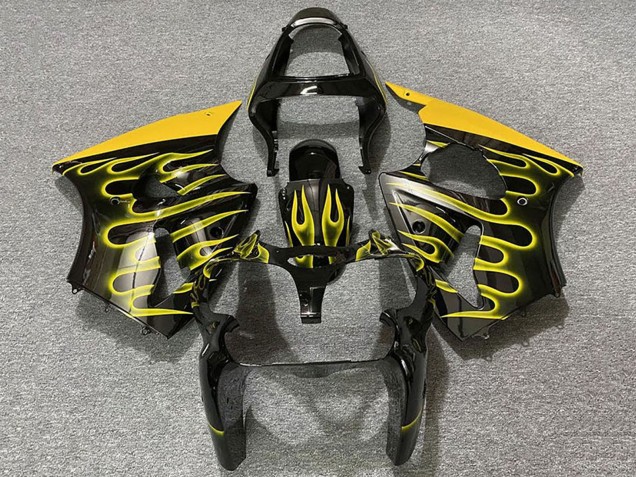 Kawasaki ZX6R Motorrad Verkleidung 2000-2002 - Glanzendes Schwarz Gelb Flamme