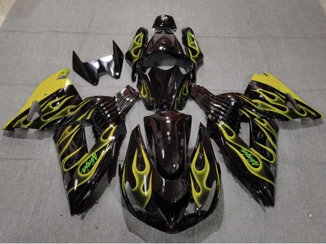 Kawasaki ZX14R Motorrad Verkleidung 2006-2011 - Glanzendes Schwarz Gelb Flamme