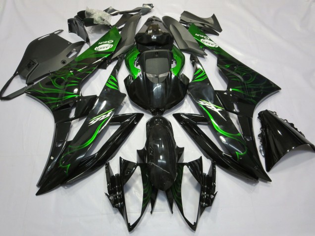 Yamaha R6 Motorrad Verkleidung 2006-2007 - Glanzendes Schwarz Grun Flamme