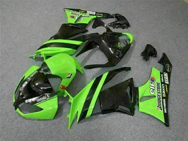 Kawasaki ZX6R Motorrad Verkleidung 2009-2012 - Grun Glanzendes Schwarz Elf Touch4 Bridgestone