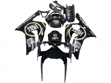 Kawasaki ZX6R Motorrad Verkleidung 2003-2004 - Glanzendes Schwarz Weiss Motul Lucky Strike