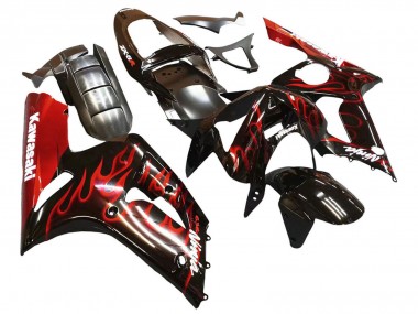 Kawasaki ZX6R Motorrad Verkleidung 2003-2004 - Glanzendes Schwarz Rot Flamme