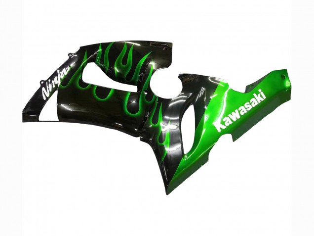Kawasaki ZX6R Motorrad Verkleidung 2005-2006 - Glanzendes Schwarz Grun Flamme