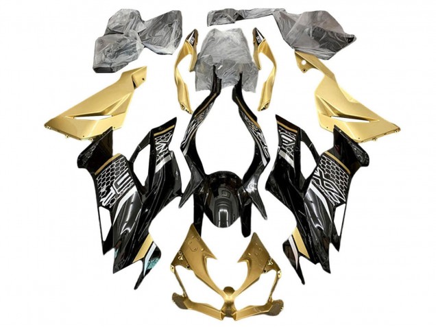 Kawasaki ZX6R Motorrad Verkleidung 2019-2022 - Gold Glanzendes Schwarz Weiss Bienenwabe