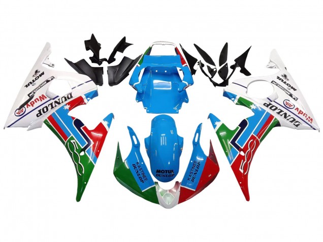 Yamaha YZF 600 R6 Motorrad Verkleidung 2005 - Hellblau Weiss Grun Rot Kastinee Dunlop Motul