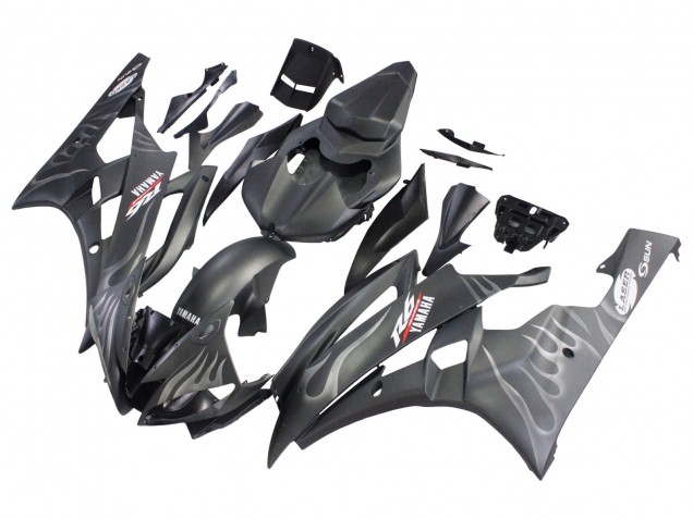 Yamaha YZF 600 R6 Motorrad Verkleidung 2006-2007 - Matt Schwarz Silber Flamme