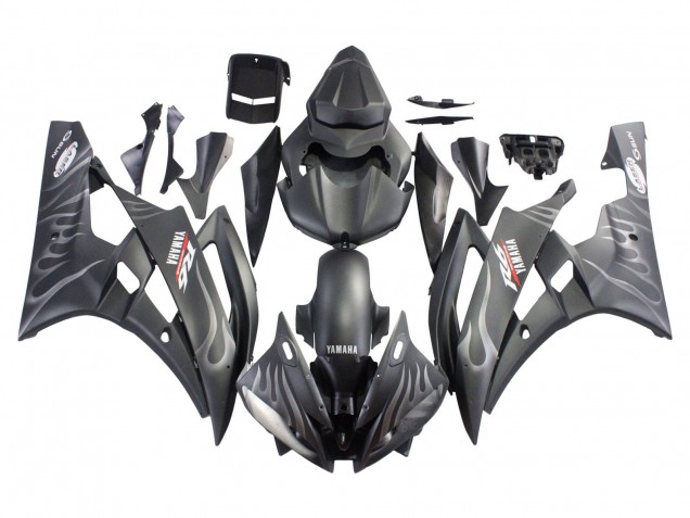 Yamaha YZF 600 R6 Motorrad Verkleidung 2006-2007 - Matt Schwarz Silber Flamme