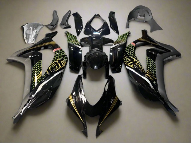 Kawasaki ZX10R Motorrad Verkleidung 2016-2020 - Glanzendes Schwarz Gold Bienenwabe