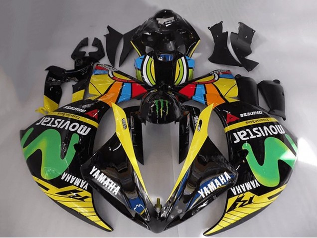 Yamaha YZF R1 Motorrad Verkleidung 2012-2014 - Glanzendes Schwarz Gelb Grun Weiss Blau MoviStar Monster