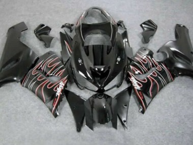 Kawasaki ZX6R Motorrad Verkleidung 2005-2006 - Glanzendes Schwarz Rot Weiss Flamme