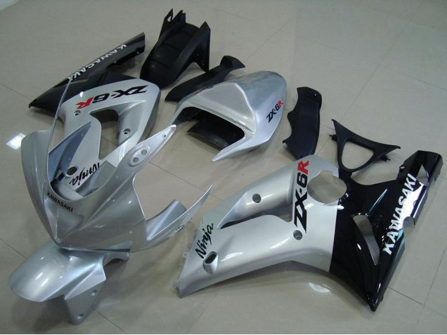 Kawasaki ZX6R Motorrad Verkleidung 2003-2004 - Silber Glanzendes Schwarz