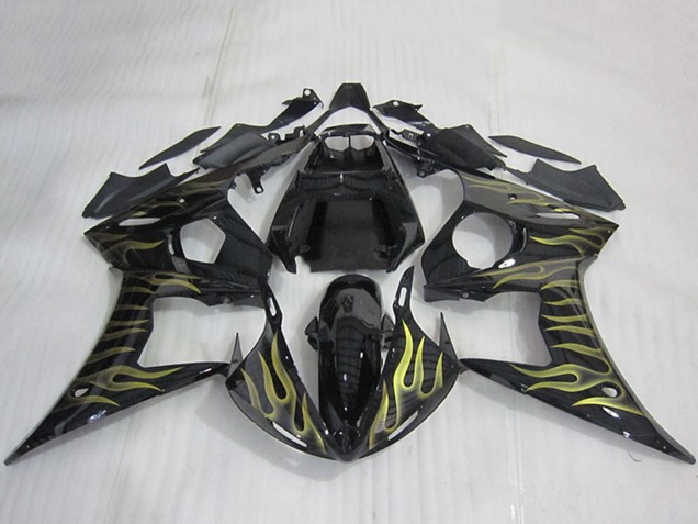 Yamaha YZF R6 Motorrad Verkleidung 2003-2004 - Glanzendes Schwarz Gold Flamme