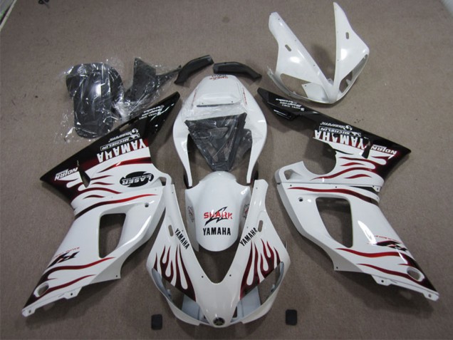 Yamaha YZF R1 Motorrad Verkleidung 1998-1999 - Weiss Glanzendes Schwarz Rot Flamme Hai