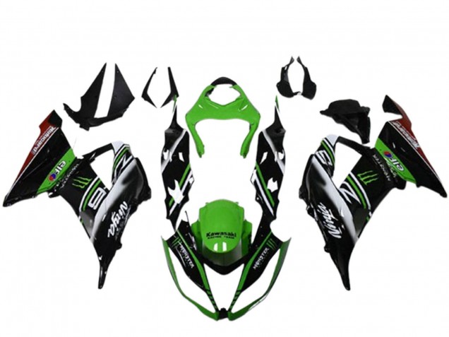 Kawasaki ZX6R Motorrad Verkleidung 2013-2018 - Grun Schwarz Weiss Elf Monster
