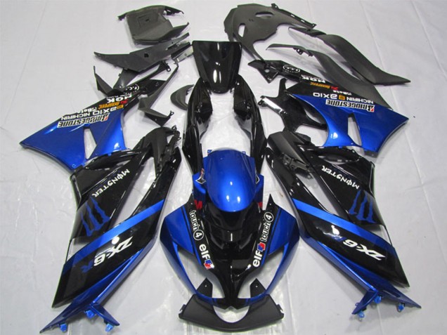 Kawasaki ZX6R Motorrad Verkleidung 2009-2012 - Blau Glanzendes Schwarz Elf Touch4 Monster Bridgestone
