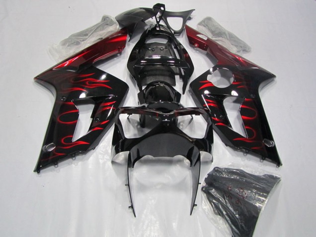 Kawasaki ZX6R Motorrad Verkleidung 2003-2004 - Glanzendes Schwarz Rot Flamme