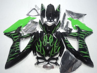 Suzuki GSXR 600 Motorrad Verkleidung 2008-2010 - Glanzendes Schwarz Grun Flamme