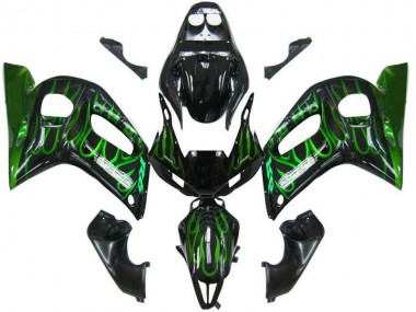 R6 98-02 Motorrad Verkleidungen - Schwarze Grüne Flamme